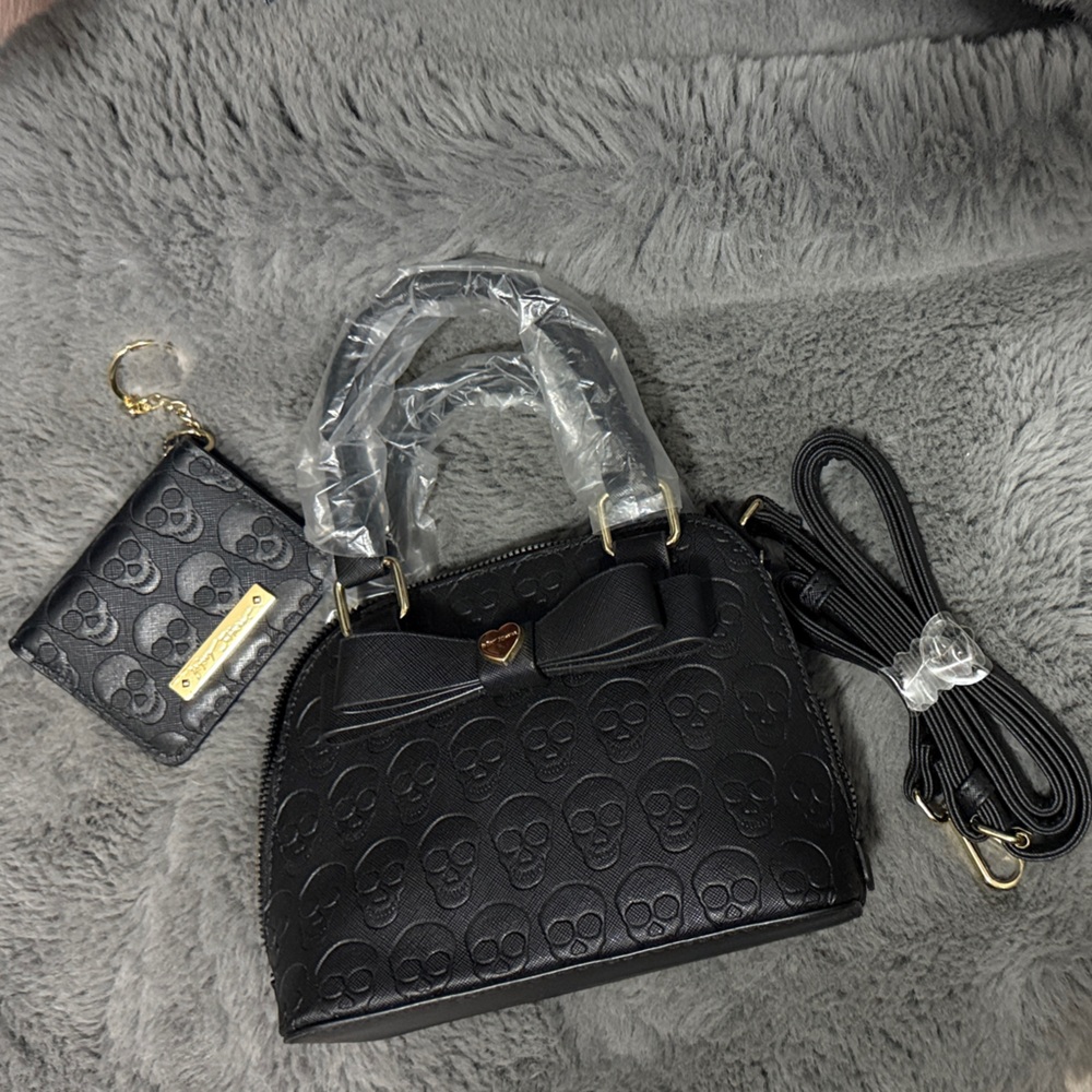 Betsey Johnson Black Skull Embossed Mini Bag Set